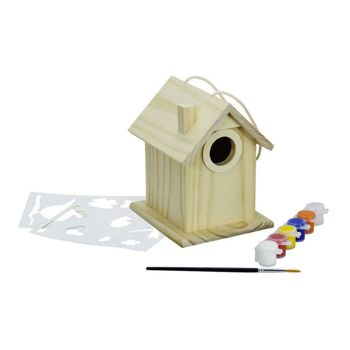 Дървена къщичка за птички с бои за оцветяване