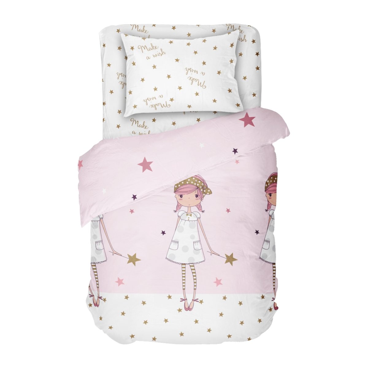 Детско спално бельо за единично легло - Желание, Десен за момичета в розово и бяло на звездички, 100% памук