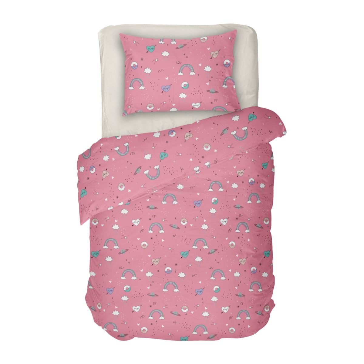 Детско Спално Бельо Еднорог 2 в Единичен Размер, 100% памук Ранфорс, Розово и екрю