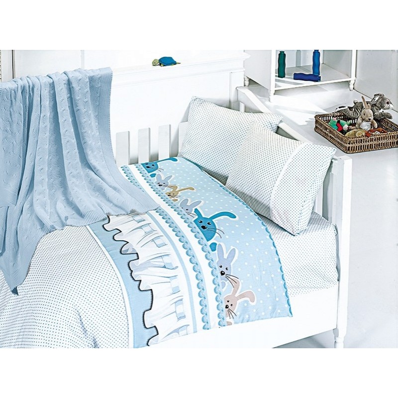 Бебешко спално бельо с плетено памучно одеяло - Джини блу