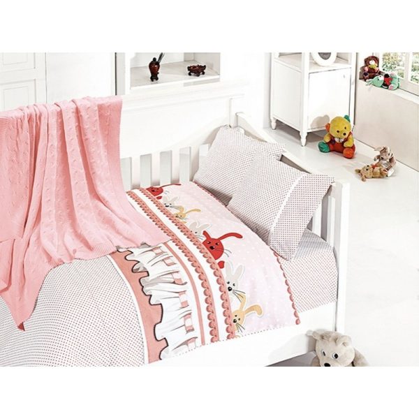 Бебешко спално бельо с плетено памучно одеяло - Джини пудра