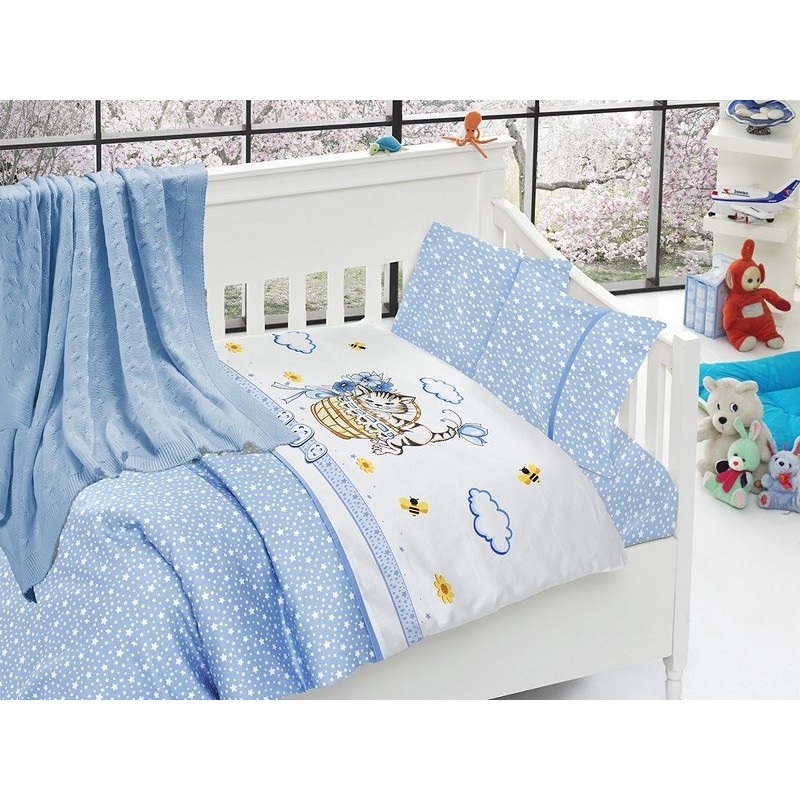 Бебешко спално бельо с плетено памучно одеяло - Кити блу