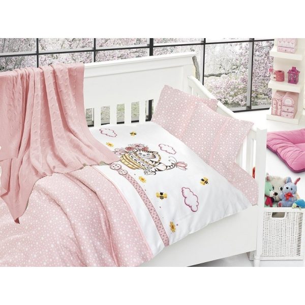 Бебешко спално бельо с плетено памучно одеяло - Кити пинк
