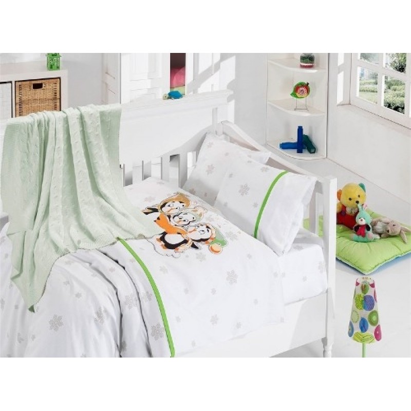 Бебешко спално бельо с плетено памучно одеяло - Пингвини Грийн