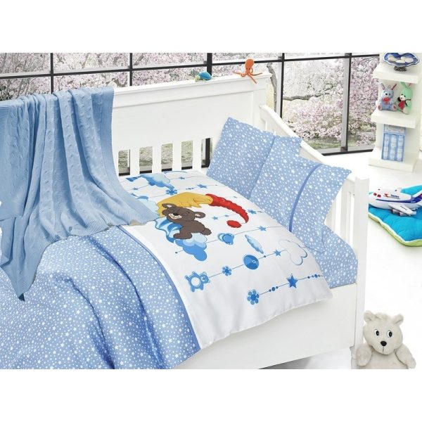 Бебешко спално бельо с плетено памучно одеяло - Слипър Блу