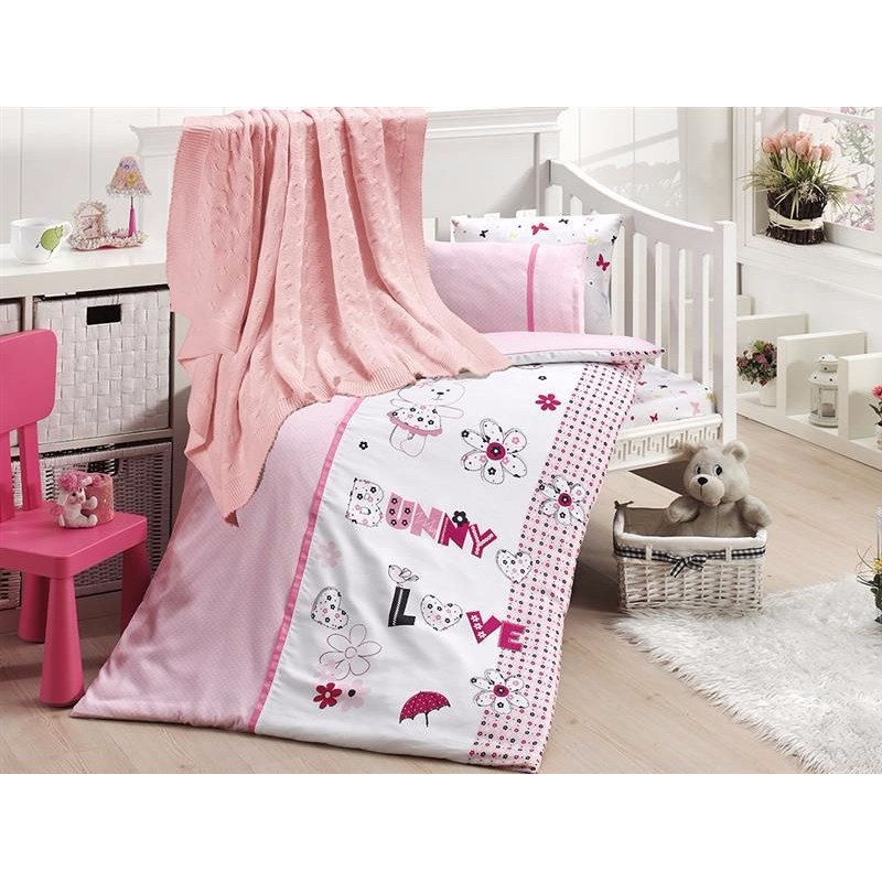 Бебешко спално бельо с плетено памучно одеяло - Love Bunny