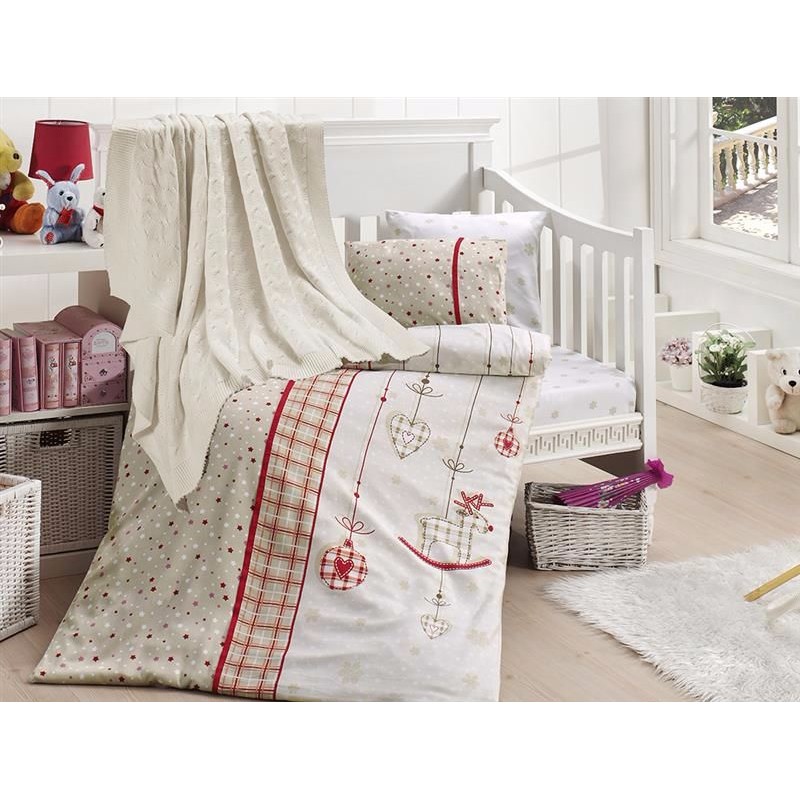 Бебешко спално бельо с плетено памучно одеяло - Palmi Kirmizi