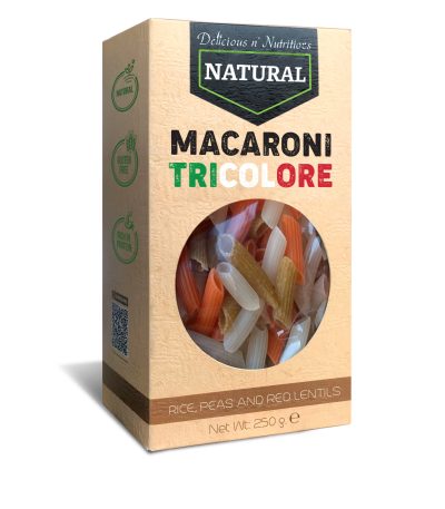 DELICIOUS N' NUTRITIOUS - NATURAL MACARONI TRICOLORE (ГРАХ, ЧЕРВЕНА ЛЕЩА, ОРИЗ) - 250 G